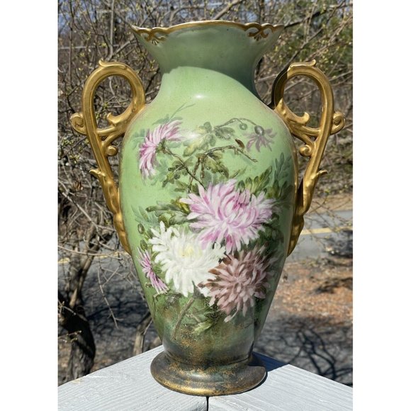 LARGE 15.5" Antique Continental Porcelain Hand Painted Gilt Handled Vase - Picture 5 of 16